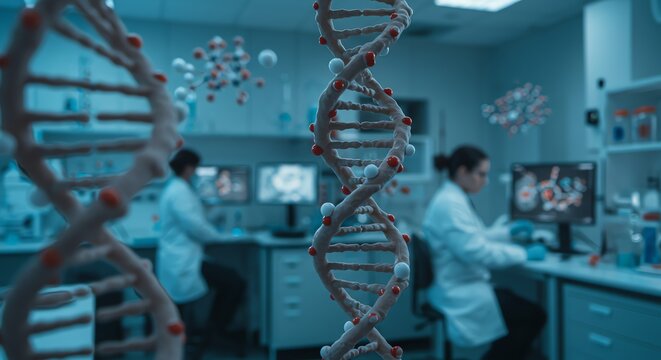 Research Action, Scientists, Laboratory, Digital Data Visualization, High-Tech Environment, Close-Up View, DNA Analysis Concept - Powered by Adobe