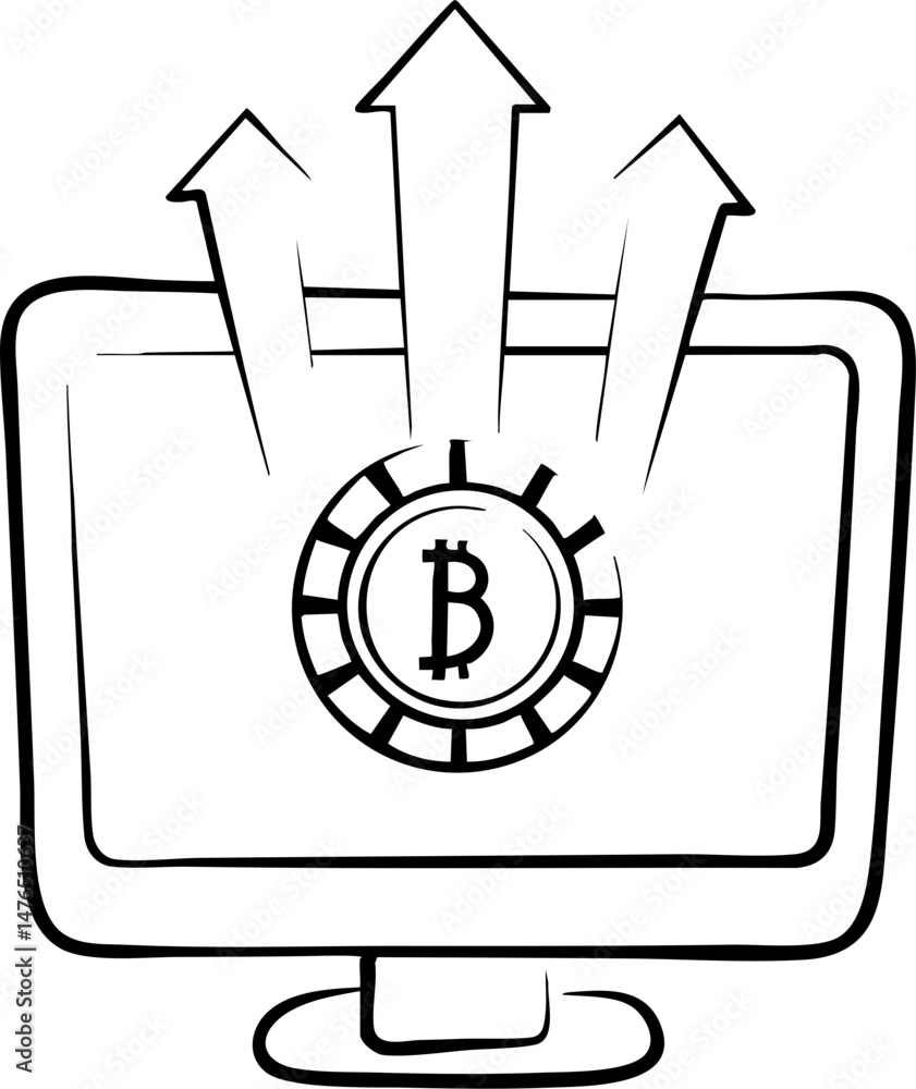 Poster a computer screen with a bitcoin symbol and upward arrows, representing cryptocurrency growth and di