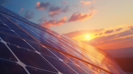 Fototapeta premium Close-up of solar panels with sun rays shining on them, producing electricity.