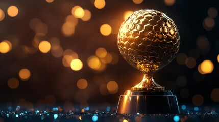 Fototapeta premium Elegant gold golf trophy with textured spherical ball and pedestal on a dark background illuminated by golden bokeh lights for sports award ceremony celebration