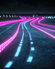 Fototapeta premium Neon road at night with pink and blue lights leading to city skyline perspective view