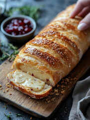 Cheesy baked bread being sliced with a hand.