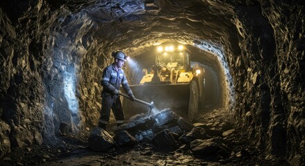 Fototapeta premium Miner Working with Rocks in Dark Mine Tunnel