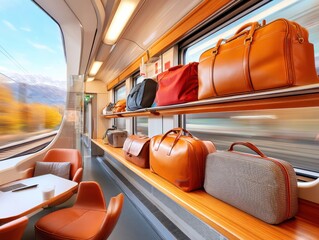 Fototapeta premium Stylish travel bags arranged on a shelf in a modern train compartment