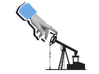 Black and white hand moves oil drilling derrick. Modern photo collage style. Illustration on transparent background