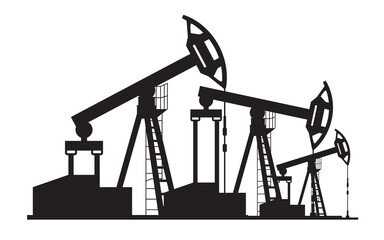 Black silhouette of oil drilling derricks. Illustration on transparent background