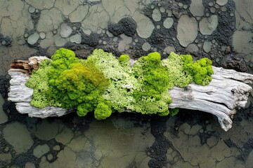 Moss and lichen blanket a fallen branch in soft natural light from above