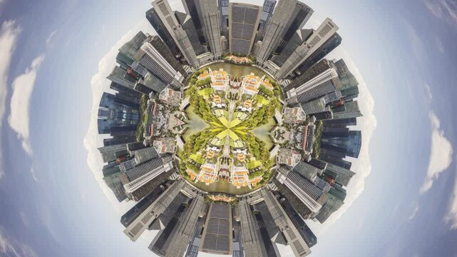 Singapore skyline turned into abstract tiny planet 