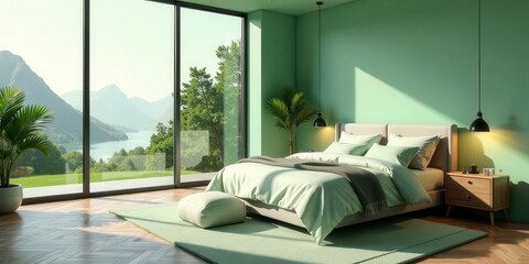 Serene Bedroom Retreat with Panoramic Mountain View and Soft Green Decor