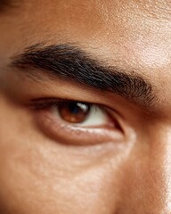 Obraz premium Close-up of a man’s groomed eyebrows under natural light, representing male grooming trends...