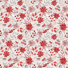 Winter floral seamless tile. Christmas plants repeat pattern. Hand painted with watercolor. Abstract leaves and flowers. Elegant red, gray colors. Festive botanical background 