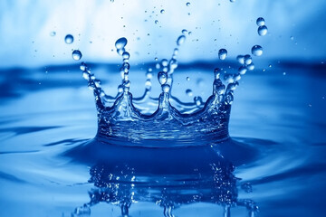Close up of a water droplet creating a crown shape upon impact on surface