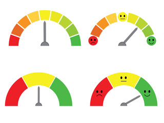 Collection of half-round scales from red to green with arrows and emoticons faces. Vector illustration isolated on white background