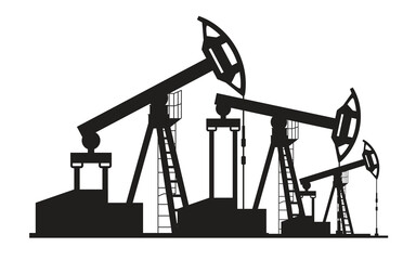 Black silhouette of oil drilling derricks. Vector illustration isolated on white background