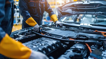 Engineers examining the battery system of a new electric vehicle.
