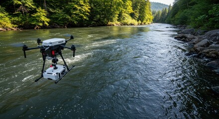 Drone Flying Over River in Forest Landscape