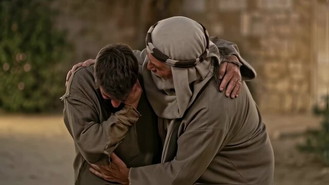Man kneeling before elderly father in biblical scene. Prodigal son returns home. Forgiveness and reunion concept for biblical religious theme