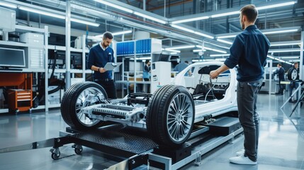 Engineers working on electric car designs in an automotive industry lab.