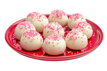 Cake balls with pink sprinkles on plate on transparent background