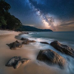 Obraz premium Milky Way shines over tropical beach with rocks and waves long exposure night photography Malaysia