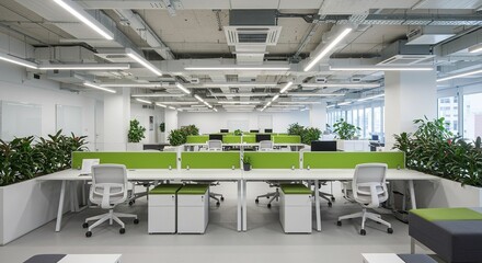 Modern office space featuring sustainable design and collaborative workspaces