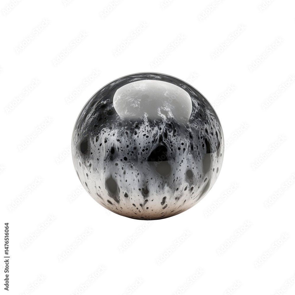 Poster abstract sphere with black and white swirl pattern, reflective surface, 3d render