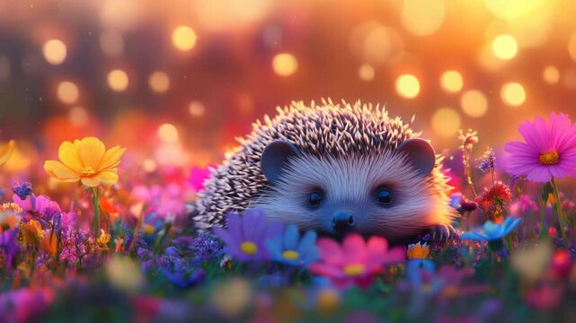 Enchanting hedgehog amidst vibrant blossom field on sunny afternoon