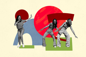 Trendy art creative full zine photo collage of happy girl guy friends dance weekend chill party...