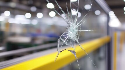 Cracked safety mirror above factory workstation