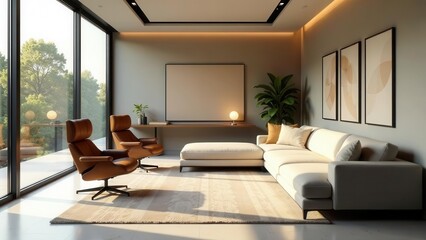 Modern Living Room Design with Large Window, Neutral Color Palette, and Comfortable Seating