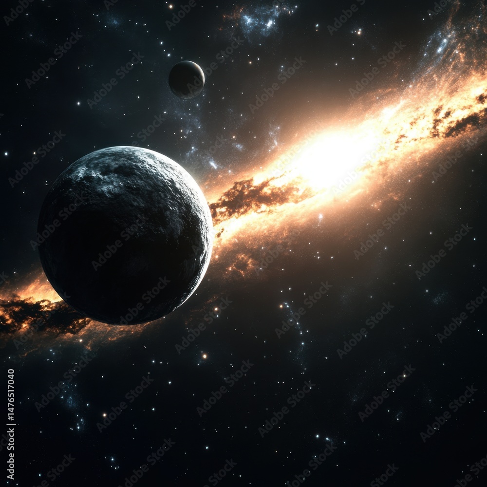 Poster cosmic view of two planets orbiting a distant galaxy in deep space with stars and nebula background
