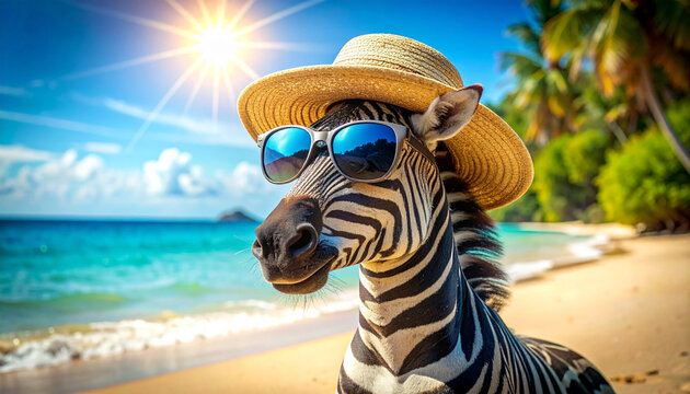 animal wearing sunglasses and hat on beach with waves palms and sunny sky