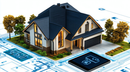 Smart House on Digital Blueprint with Tablet Control – Future Home Technology Concept