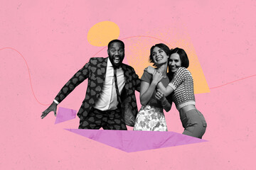 Trendy art creative full zine photo collage of happy girl guy friends dance weekend chill party...