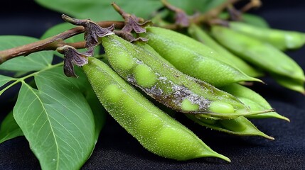 A branch with green legumes rests near a leaf.