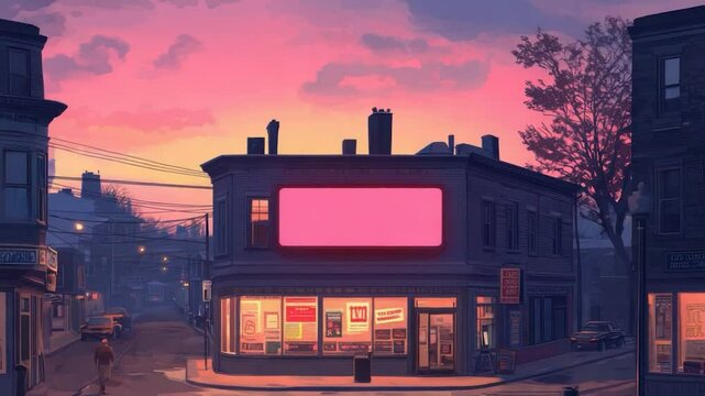 City corner building sunset billboard