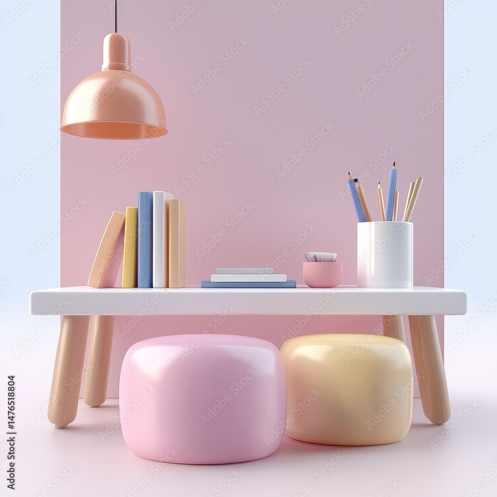 Poster minimal pastel study desk with books, pencils, and soft stools, creating calm and inviting workspace