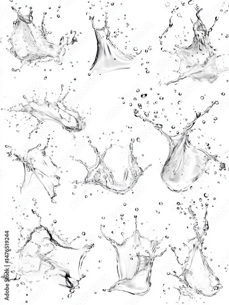 Poster water splash collection on white background studio shot clear liquid motion dynamic movement abstrac
