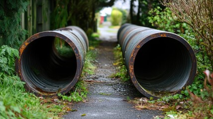 Walkway partially blocked by large steel pipes