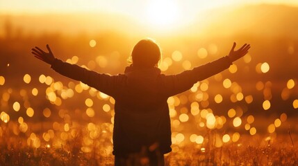 Joyful Human Embracing Golden Light in Nature