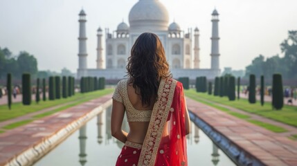 Woman in Red Sari Facing Taj Mahal--.png