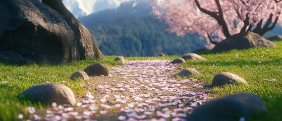 Serene Path of Cherry Blossom Petals in Springtime Landscape with Mountains and Rocks, Low Angle View