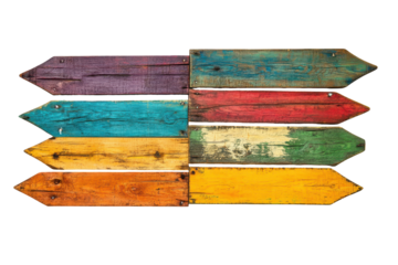 Various colourful wooden signs isolated on white background perfect for creative projects and signage designs