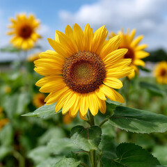 Obraz premium Close-up of a sunflower in a sunny field.