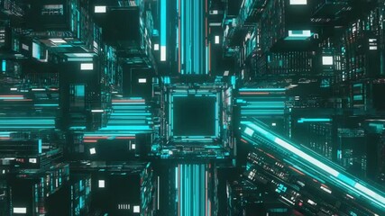 Animation featuring a 3D neon microchip city grid in a close rotation - Powered by Adobe