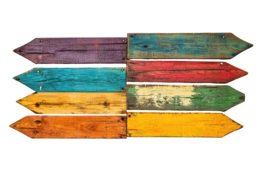 Various colourful wooden signs isolated on white background perfect for creative projects and signage designs