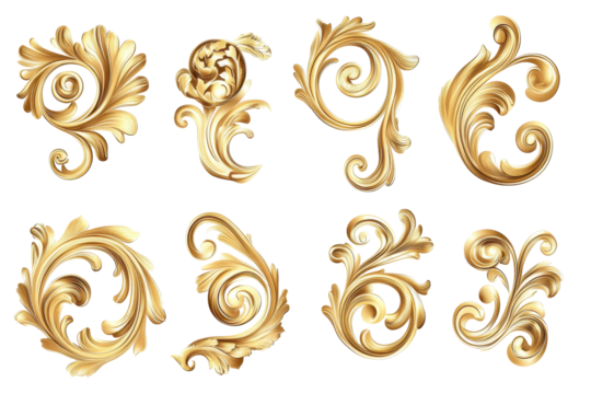 Gold decorative swirls set transparent PNG ideal for invitations, logos, and elegant projects
