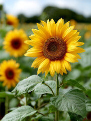 Obraz premium Vibrant sunflowers blooming in a lush green field.