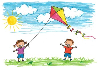 Crayon Drawing of Kids Flying a Colorful Kite on Sunny Day 