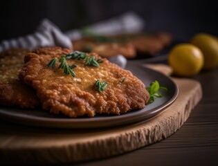 Crispy golden schnitzel served with a vibrant fresh salad made of cucumbers, tomatoes, onions, and peppers on a rustic plate in warm lighting for a delicious food presentation